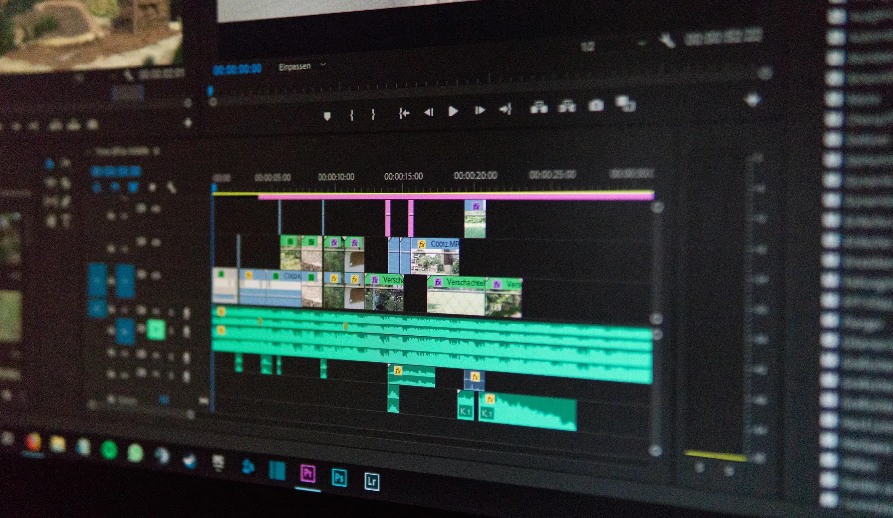 Adobe Premiere Pro timeline with video clips and audio tracks