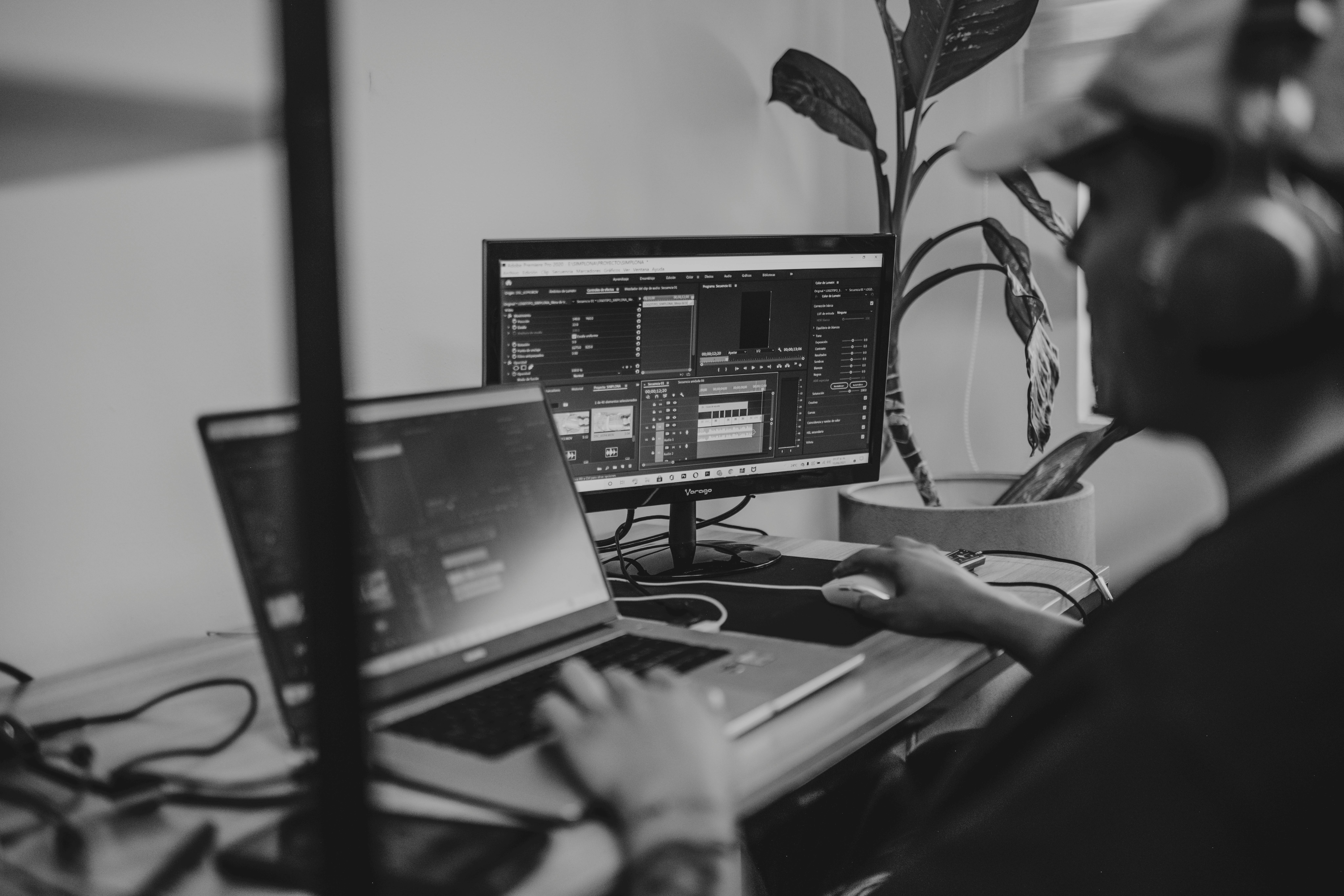 Video editing setup with monitor showing a timeline